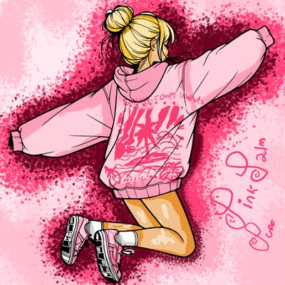 realistic girl jumping with a bun and oversized sweatshirt