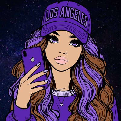 realistic beautiful girl wearing los ángeles cap holding an iphone