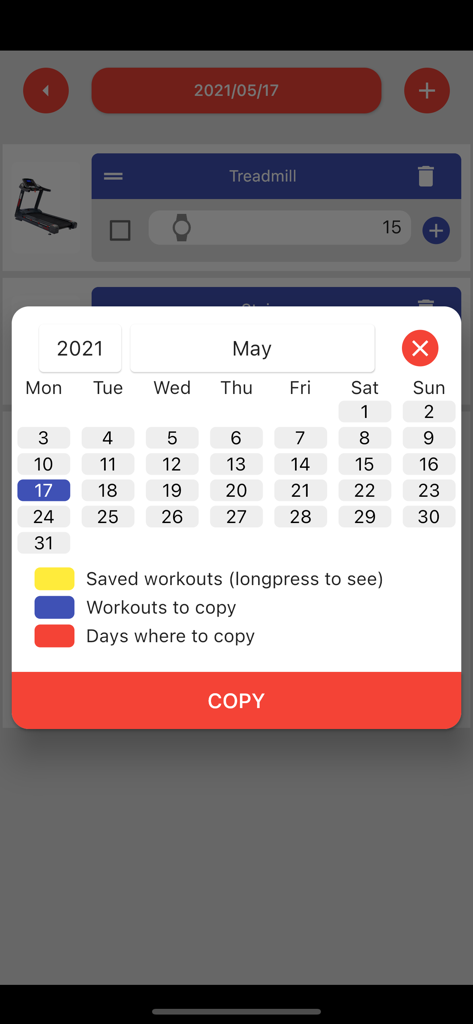 Goku Gym - Interfaz de calendario en la aplicación Goku Gym para programar y copiar sesiones de entrenamiento