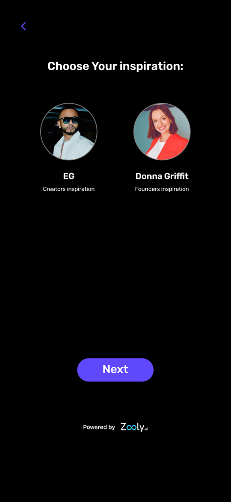 Zooly AI - User interface of Zooly AI app for selecting a motivational inspiration persona