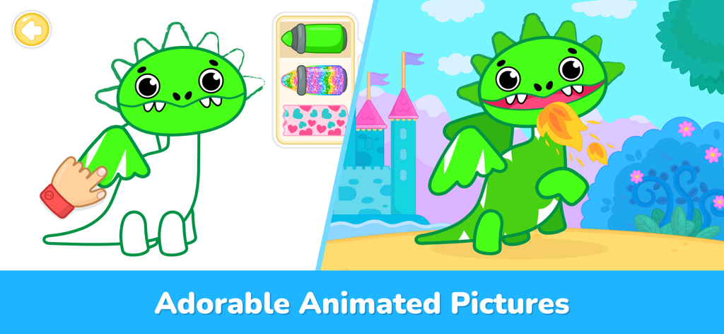 Kids Drawing - Coloring Games - A child coloring a green dragon outline that transforms into a magical animated character breathing fire