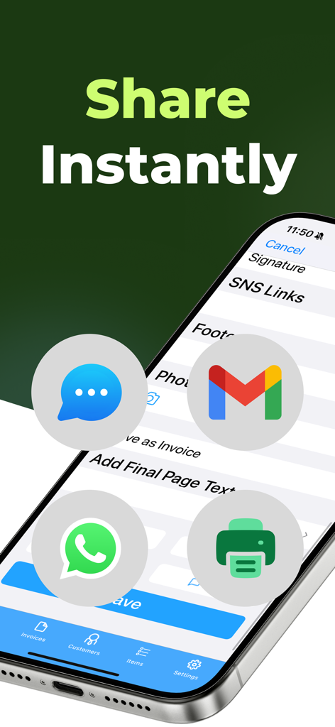 Mobile app screen showing instant sharing options for quotes and invoices via email messaging and printing