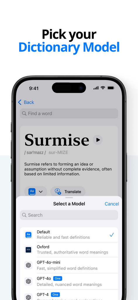 Pantalla de iPhone que muestra la aplicación Dictionary Air con un menú para seleccionar modelos de diccionario que incluyen opciones de Oxford e IA