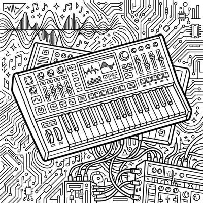 Unleash your creativity with this intricate digital synthesizer coloring page. Perfect for music lovers and tech enthusiasts, it features detailed controls and a dynamic background.