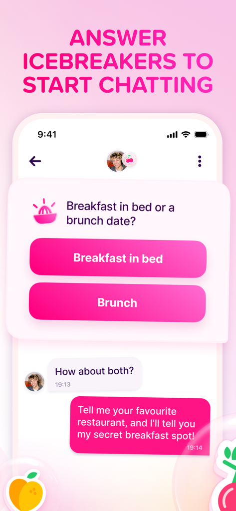 Fruitz dating app interface showing an icebreaker question to start a conversation between matches.