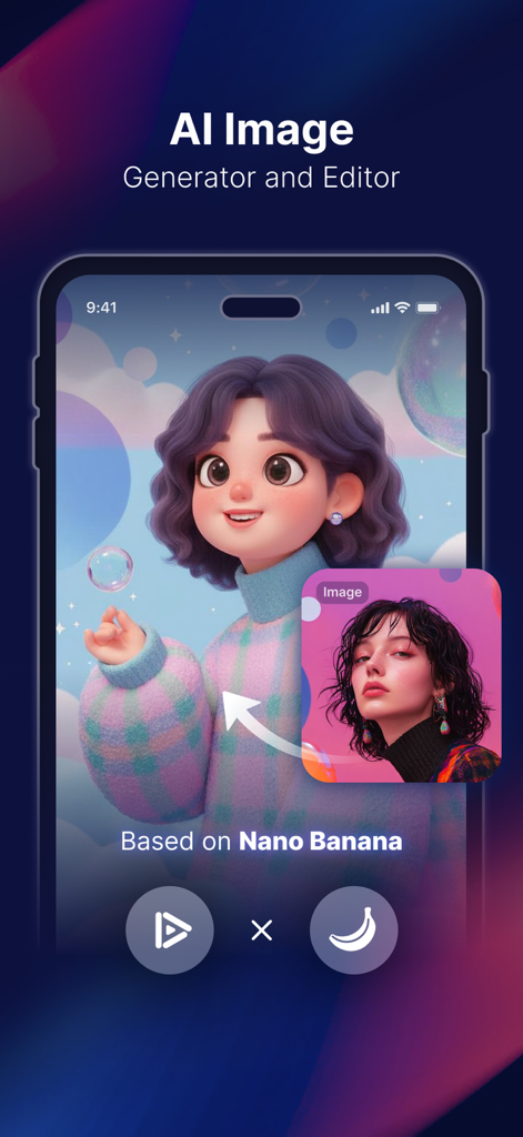 DeeVid app interface showing a real photo of a woman being transformed into a 3D animated character using the AI Image Generator feature.
