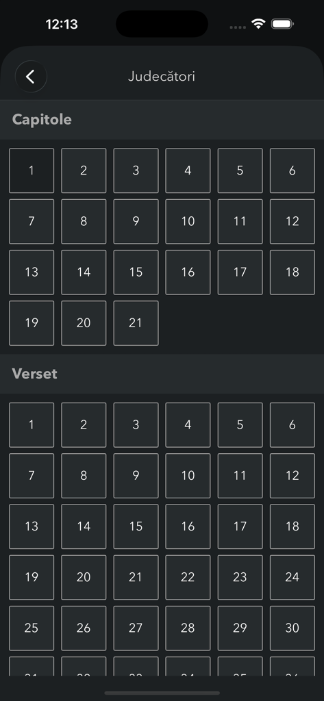 Biblia Cornilescu - Chapter and verse selection screen for the book of Judges in the Biblia Cornilescu app
