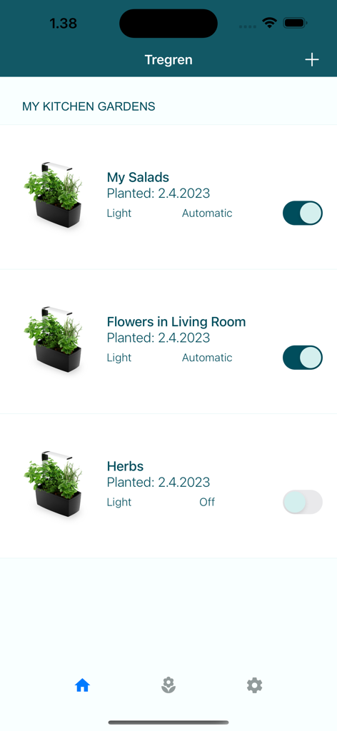 Tregren SmartGardener app dashboard showing a list of active indoor kitchen gardens with automated light settings