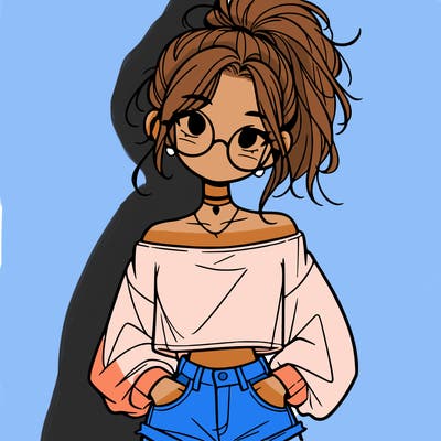 girl with a messy ponytail glasses a baggy crop top and jean shorts