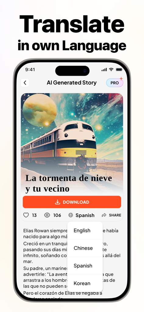 NovelAI | AI Story Generator - Captura de tela do aplicativo NovelAI exibindo uma história em espanhol com um menu para traduzir para vários idiomas.