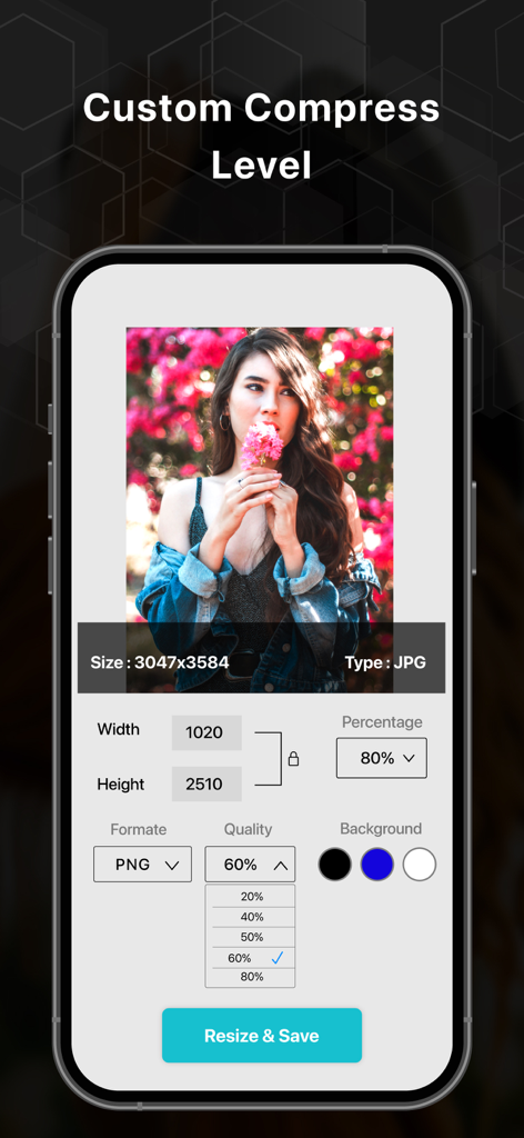 Photo Resizer & Compressor - Mobile app interface for custom image compression showing pixel dimensions and quality settings