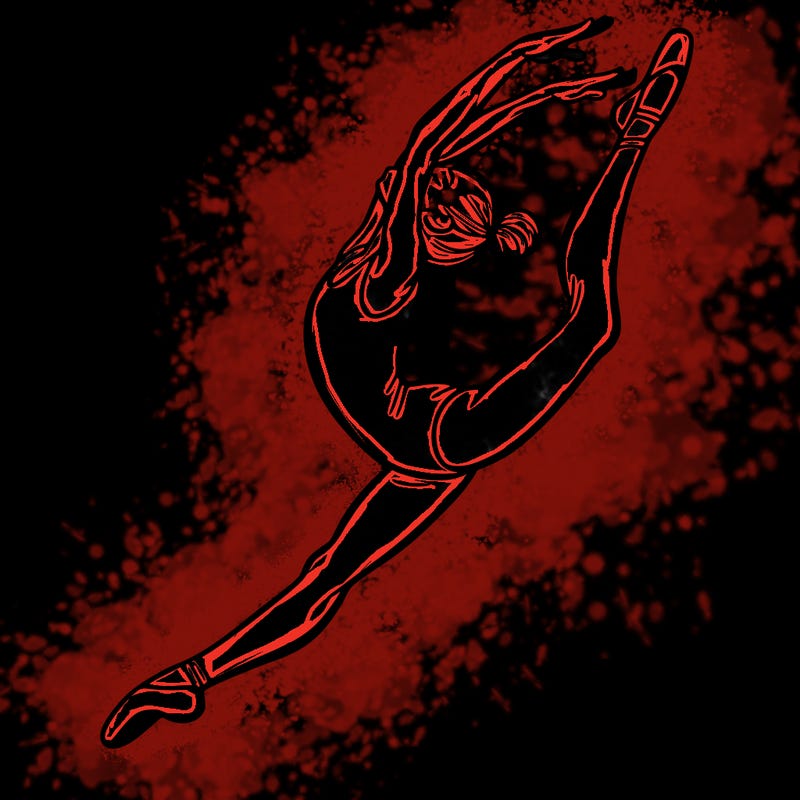 gymnast doing a leap in a leotard with a bent back leg