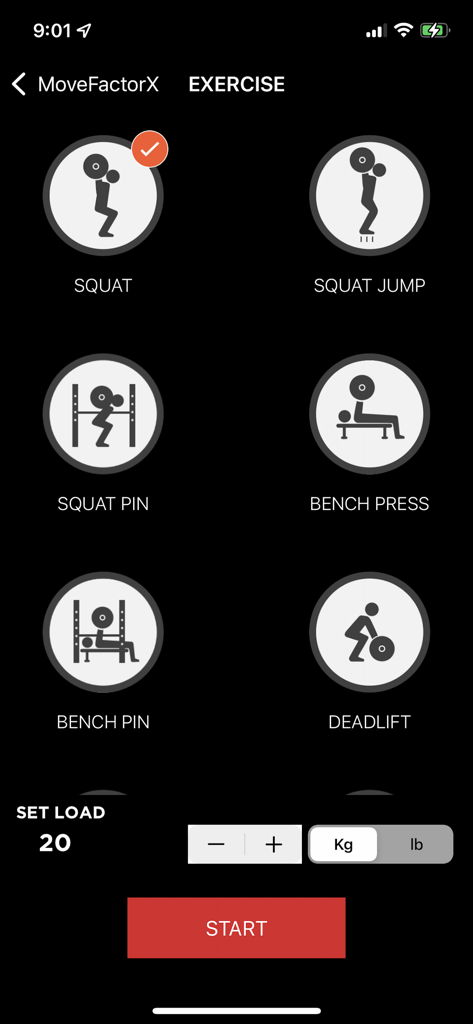 MoveFactorX - MoveFactorX app exercise selection screen showing icons for squat, bench press, and deadlift with set load settings