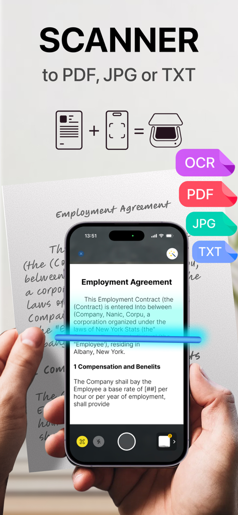 Scan photo to PDF & Sign Docs - Una persona che utilizza un iPhone per scansionare un documento di accordo di lavoro in formato PDF JPG o TXT