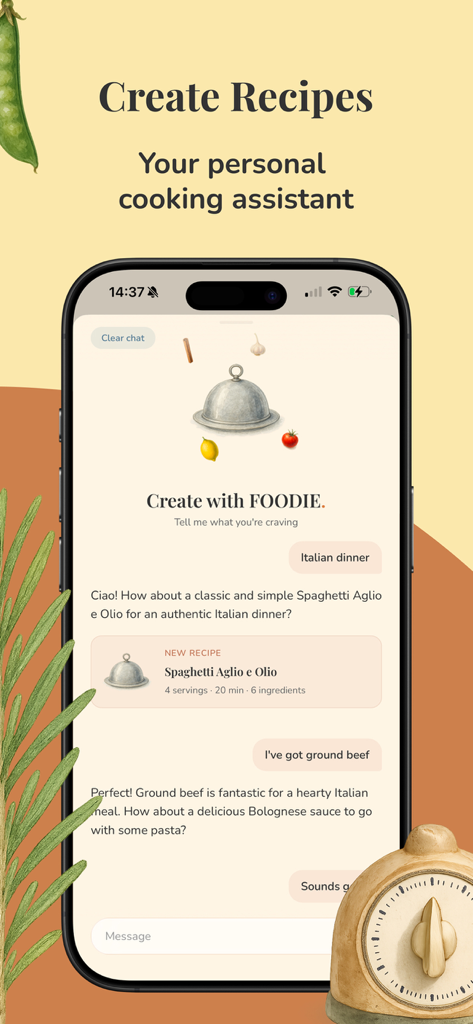 Interfaz de chat de la aplicación FOODIE mostrando un asistente de cocina personal con IA generando recetas basadas en los antojos del usuario.