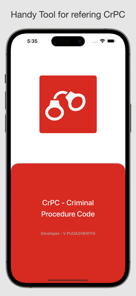 CrPC - Criminal Procedure Code - Intro screen of the CrPC Criminal Procedure Code mobile app featuring a handcuff icon