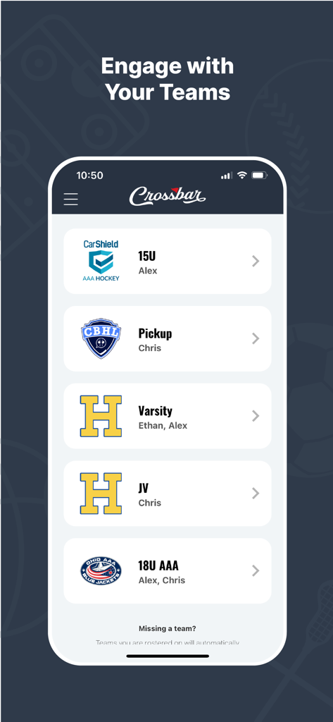 Crossbar Mobile - Interface of Crossbar Mobile app showing a list of youth sports teams for easy management and engagement