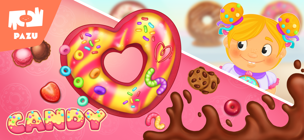 A heart-shaped donut decorated with colorful glaze and candies next to a smiling cartoon girl character