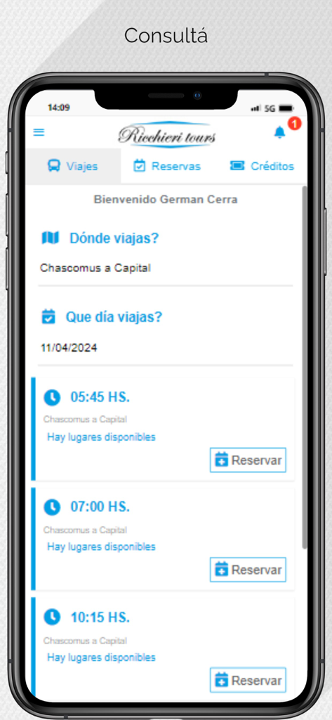 Ricchieri Tours - Interfaz de la aplicación Ricchieri Tours mostrando horarios de viajes en transporte y opciones de reserva