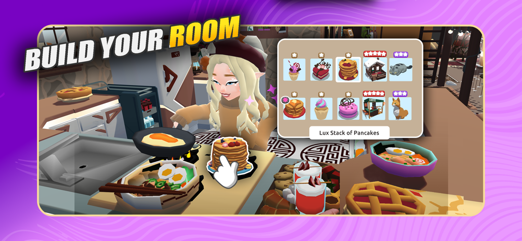 Hotel Hideaway: Avatar & Chat - Eine 3D-weibliche Avatarin, die einen virtuellen Raum mit Lebensmitteln und Möbeln in Hotel Hideaway dekoriert.