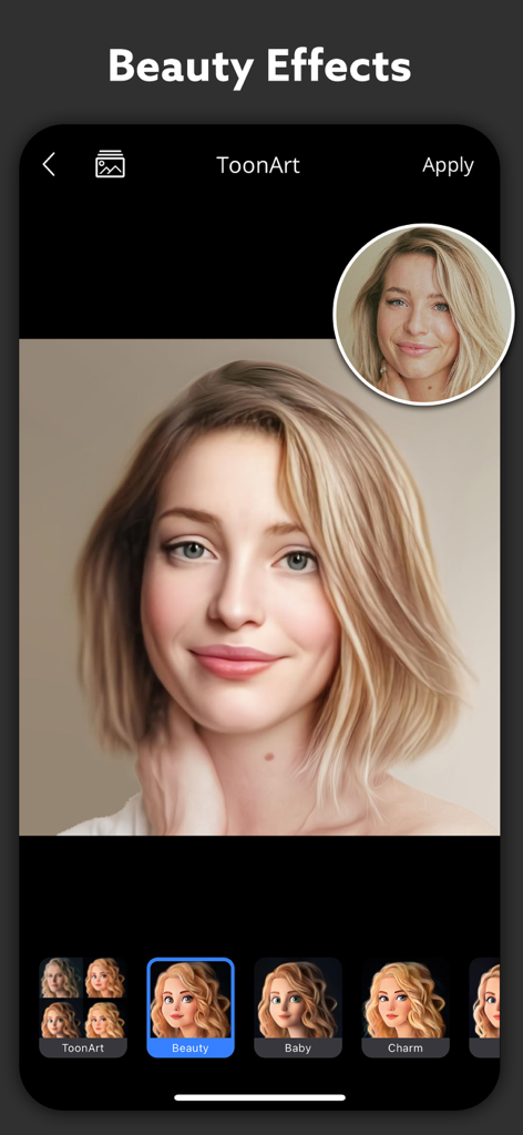 Polaroid AI Photo : ToonArt - Um retrato de mulher editado com o filtro de efeitos de beleza de IA ToonArt