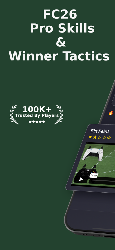 FC26 Pro Tactics and Skills - Pantalla de inicio de la aplicación Tácticas y Habilidades Pro de FC26 con habilidades pro y tácticas ganadoras con insignia de más de 100K jugadores.