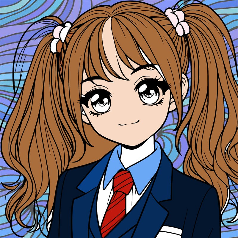 realistic girl with two ponytails and a suit on