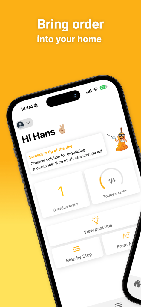 Sweepster app home screen showing daily tidying tips and task progress tracking
