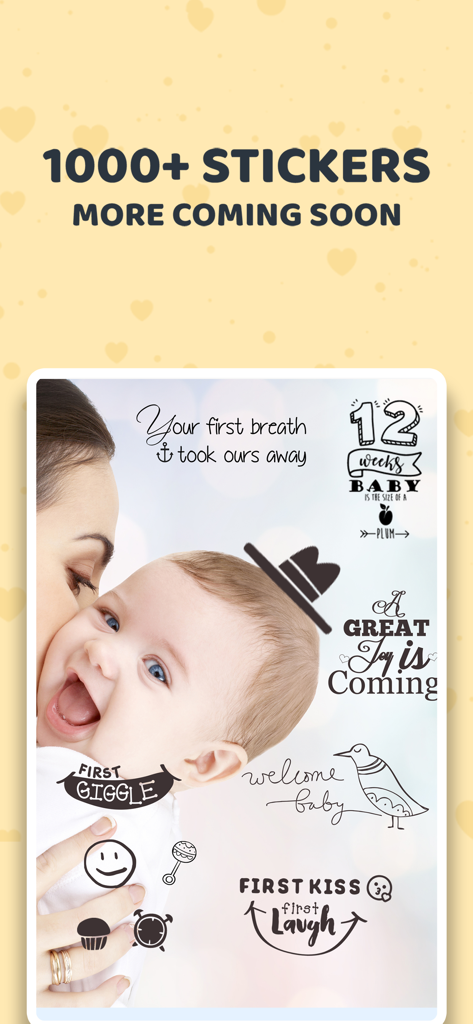 A mother kissing her smiling baby with various milestone stickers and creative typography