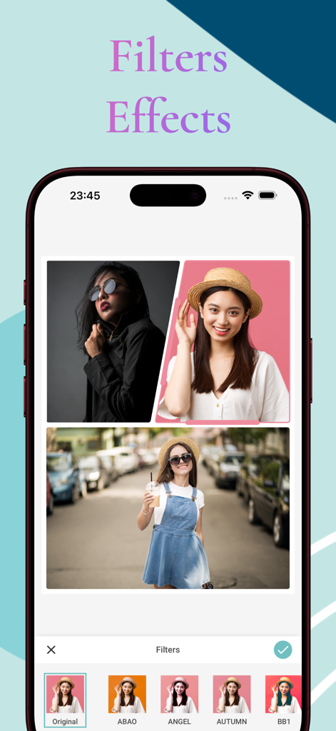 Pic Collage: AI Layout Maker - Mobile app interface showing a photo collage with various aesthetic filters like Angel and Autumn.