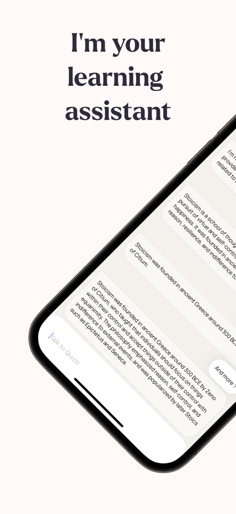 Quiztr - Revision Sheets - Screenshot dell'app Quiztr che mostra un assistente all'apprendimento AI che fornisce appunti di studio sullo stoicismo in un'interfaccia di chat