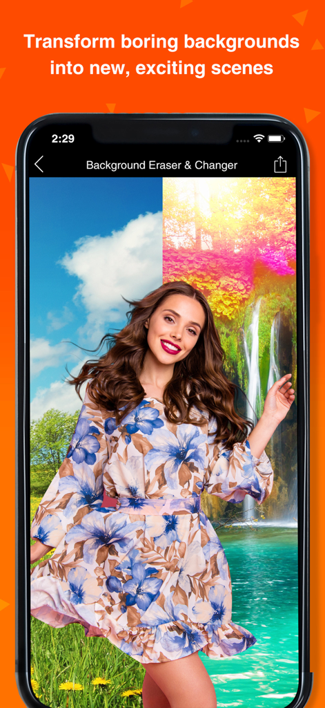 Background Changer & Eraser - Vergleich eines Frauenporträts mit verschiedenen Hintergründen, die von einer KI-Fotobearbeitungs-App ersetzt wurden