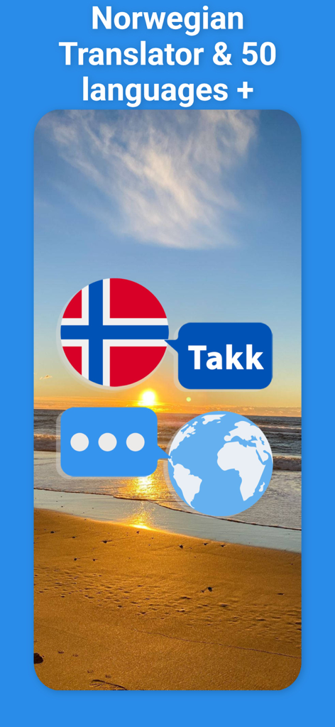 Norwegian Translator & More + - Interfaz de la aplicación para Traductor Noruego con una burbuja de diálogo con la bandera noruega y un icono de globo terráqueo