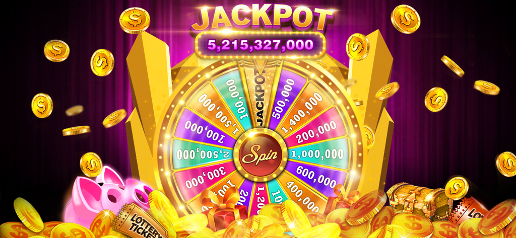 Vegas Slots - 7Heart Casino - 落ちてくる金貨と宝箱に囲まれた、数十億コインのマルチジャックポットが表示された金色のカジノボーナスホイール