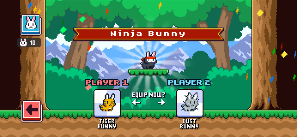 Poor Bunny! - Character selection screen in Poor Bunny featuring the Ninja Bunny unlock and options for two players.