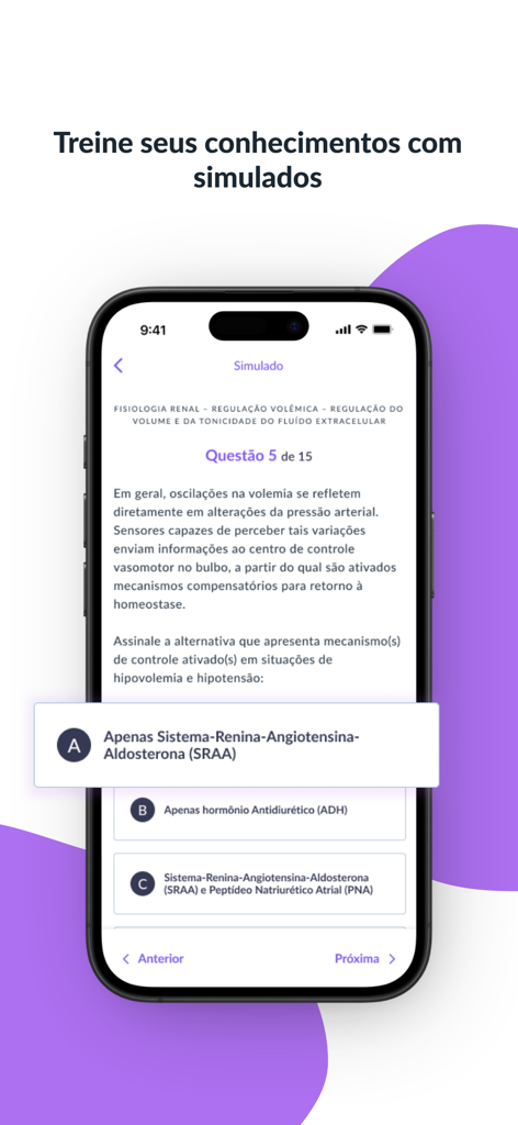 Jaleko - Curso de Medicina - Uma tela de celular exibindo um exame prático de medicina com uma questão de múltipla escolha no aplicativo Jaleko