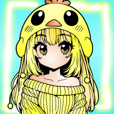 anime girl with chick shaped hat with sweater with bare shoulders with bangs covering them one eye with low tail