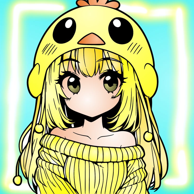anime girl with chick shaped hat with sweater with bare shoulders with bangs covering them one eye with low tail