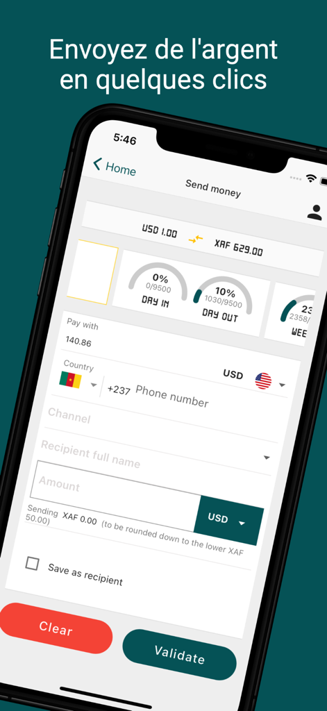@fric Remit (ex BJFT Wallet) - Mobile app interface for @fric Remit showing international money transfer from USD to Cameroon XAF