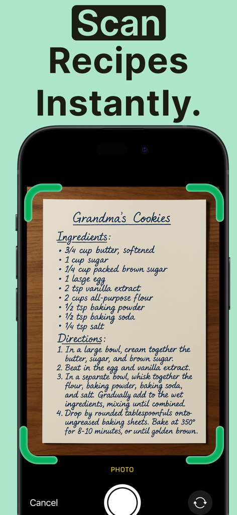 Recipe Keeper - Mr. Cook - A smartphone scanning a handwritten recipe card to digitize and save it