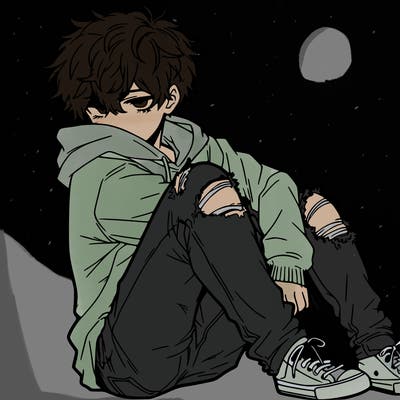 a male hoddie ripped jeans messy hair anime