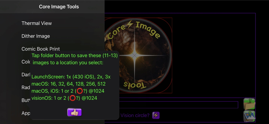Core Image Tools - A screenshot of the Core Image Tools app showing export options for iOS, macOS, and visionOS icons.