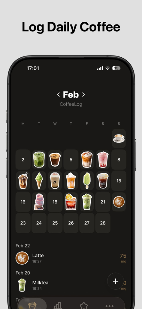 CoffeeLog - Coffee Tracker - Una vista de calendario mensual en la aplicación CoffeeLog usando pegatinas para rastrear el consumo diario de café.
