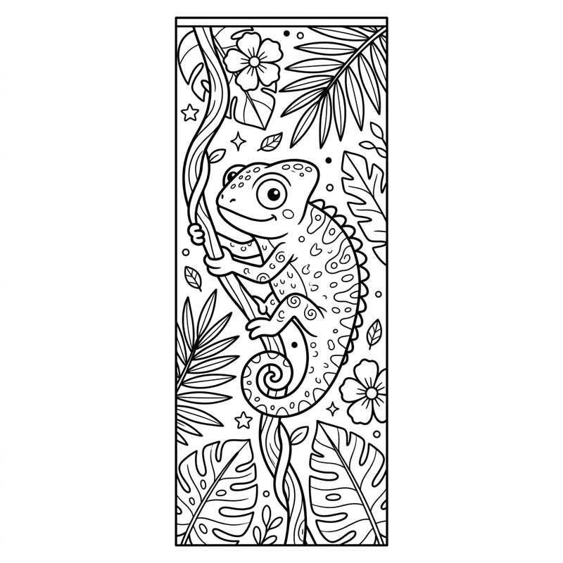 Dive into a jungle adventure with this adorable chameleon bookmark coloring page! Kids will love adding vibrant colors to this friendly creature and its lush tropical surroundings.