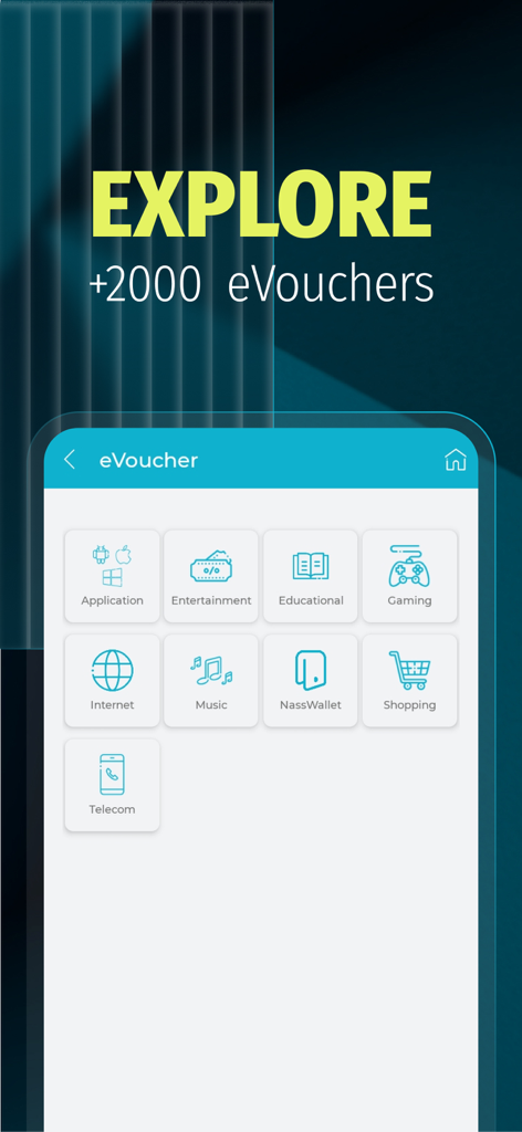 NassWallet Agents - Interface of NassWallet Agents app displaying various digital voucher categories such as gaming entertainment and shopping
