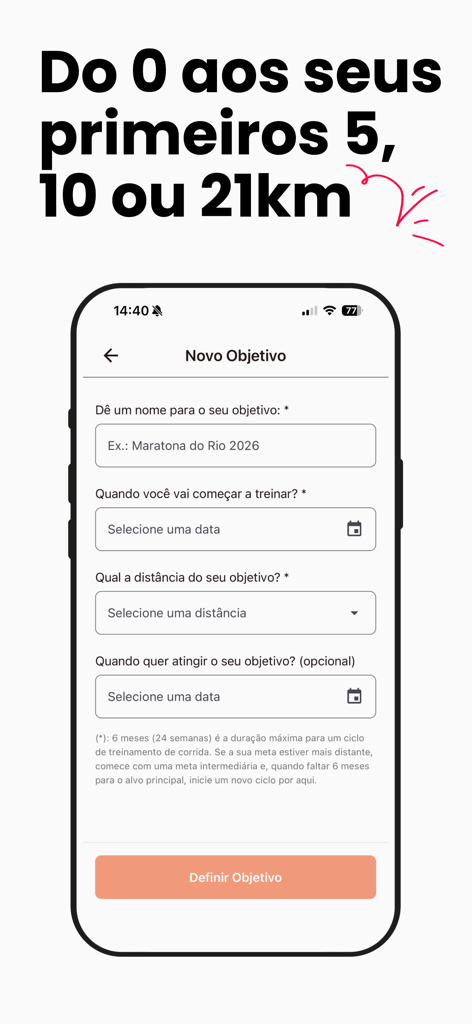 Zyla - Corrida com IA - Tela do aplicativo Zyla mostrando como definir uma nova meta de corrida personalizada para diferentes distâncias.