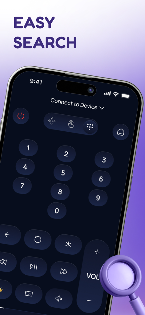 Universal Remote TV ◦ for Roku - Interfaz de la aplicación Control Remoto Universal TV para Roku mostrando el teclado numérico y la función de búsqueda fácil en un iPhone.