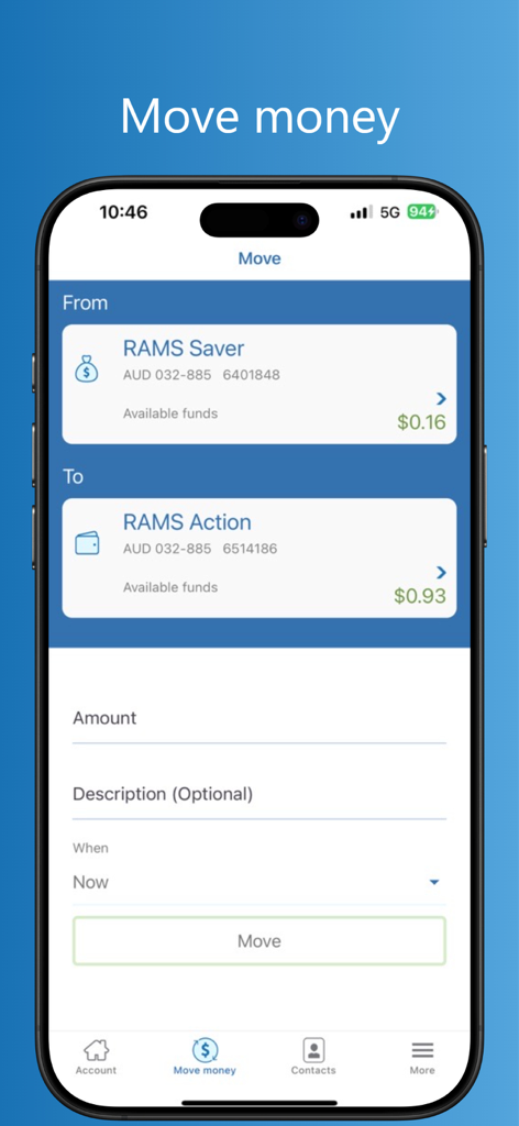 RAMS Financial Group Pty Ltd - A smartphone display showing the move money screen of the myRAMS app for transferring funds between savings and transaction accounts