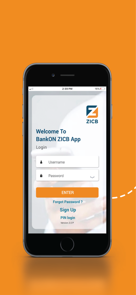 BankOn ZICB App - Pantalla de inicio de sesión de la App BankOn ZICB en un teléfono móvil