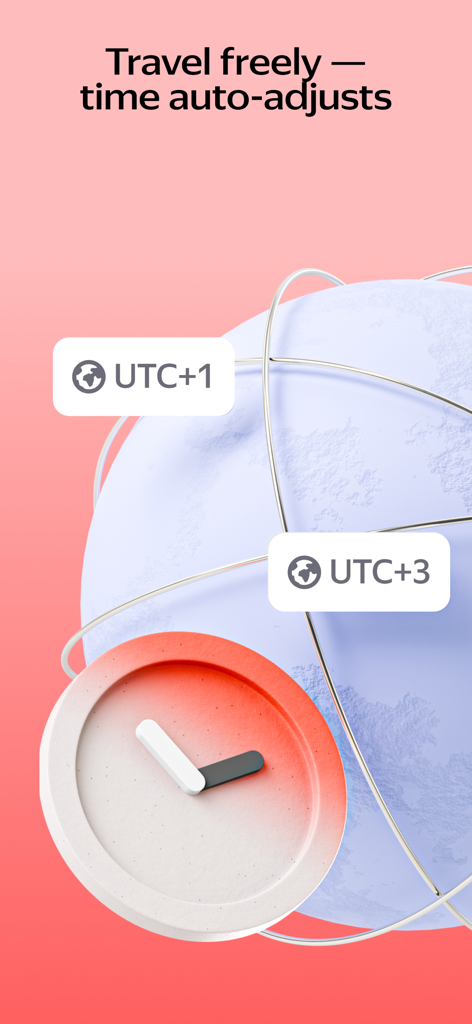 Yandex Calendar - 地球儀と時計による自動タイムゾーン調整を示すYandex Calendar旅行機能